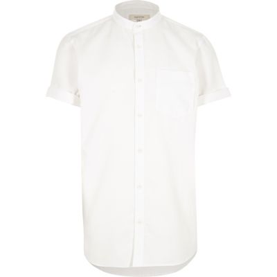 White waffle short sleeve grandad shirt